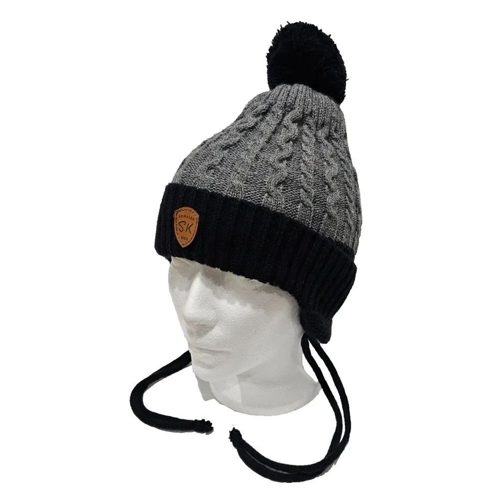 Somaler‎ Kids SK Beanie Toque (Strings & Pom Pom) Gray Black One Size Fits Most